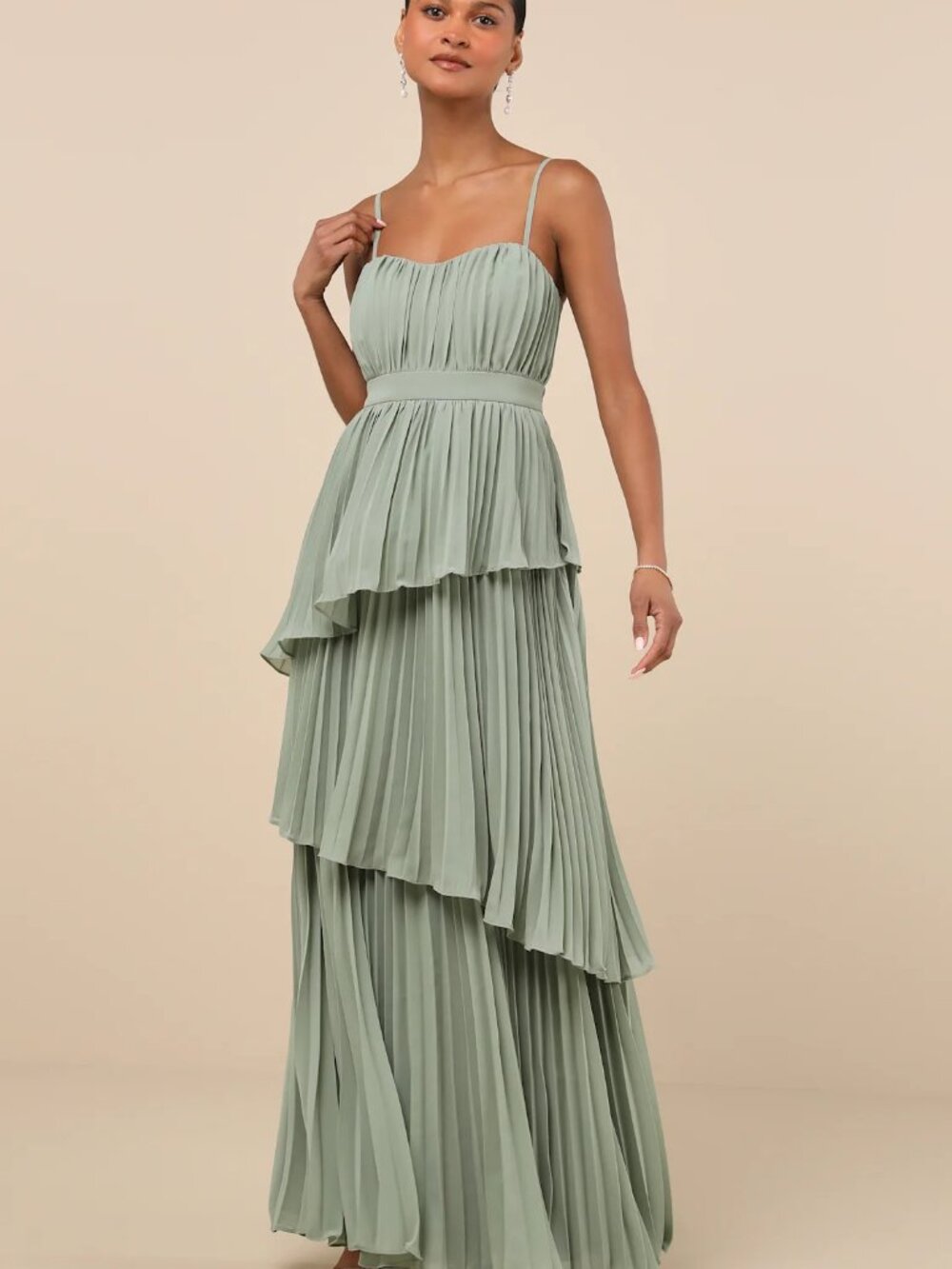 Lulus Jehona Sage Brush Pleated Tiered Maxi Dress